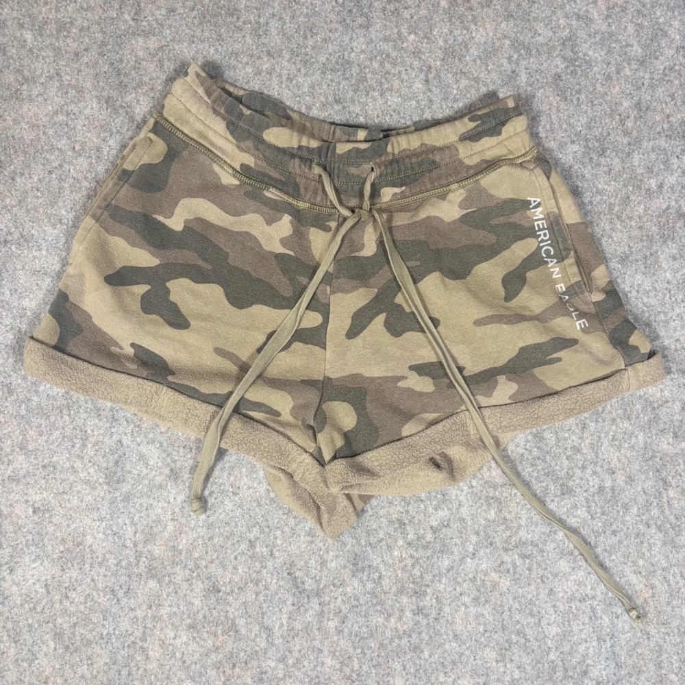 American Eagle Shorts Size XS Green Camo Fleece Drawstring Pockets Casual Lounge